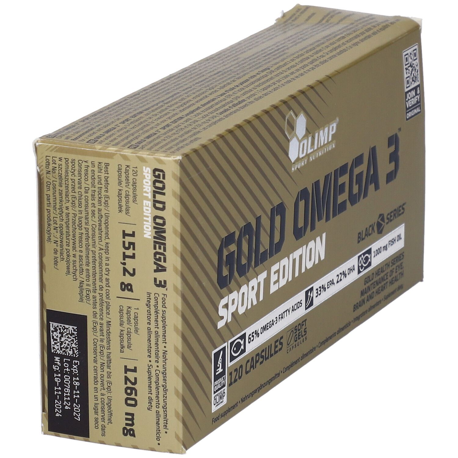 Gold Omega 3 Sport Edition-Verpackung. Enthält 120 Kapseln. Aufschrift: 65% Omega-3-Fettsäuren, 33% EPA, 22% DHA. Details zu Gewicht und Inhaltsstoffen.