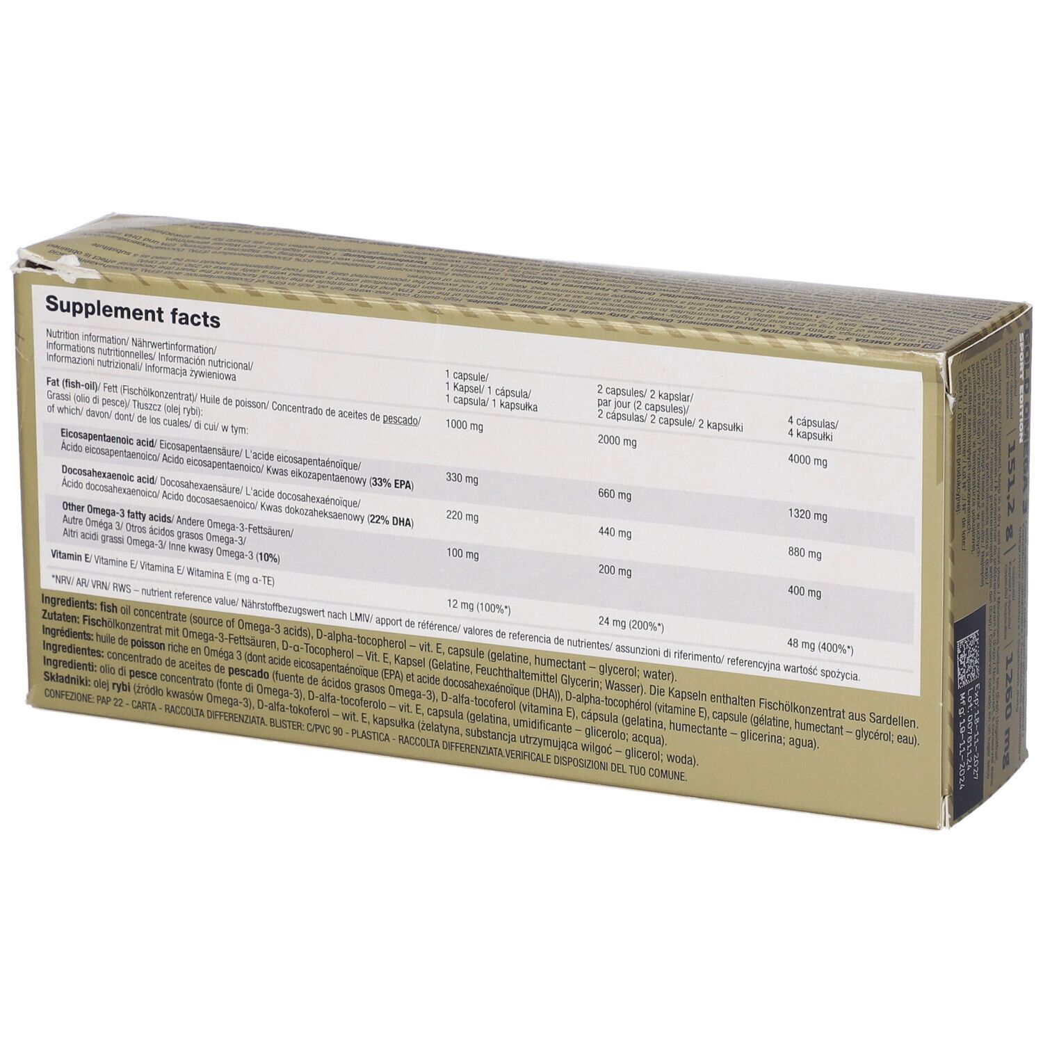 Rückseite der Gold Omega 3 Sport Edition-Verpackung. Enthält Nährwertangaben und Inhaltsstoffe in mehreren Sprachen.