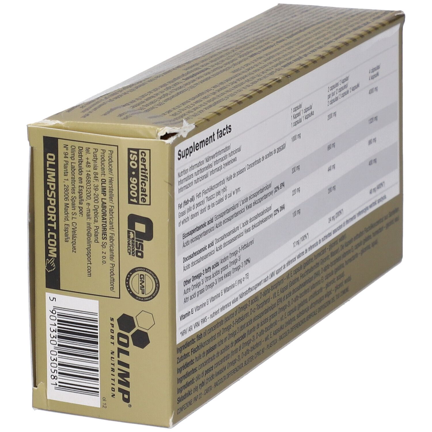 Seite der Gold Omega 3 Sport Edition-Verpackung. Enthält Herstellerinformationen, ISO 9001-Zertifizierung und Barcode.