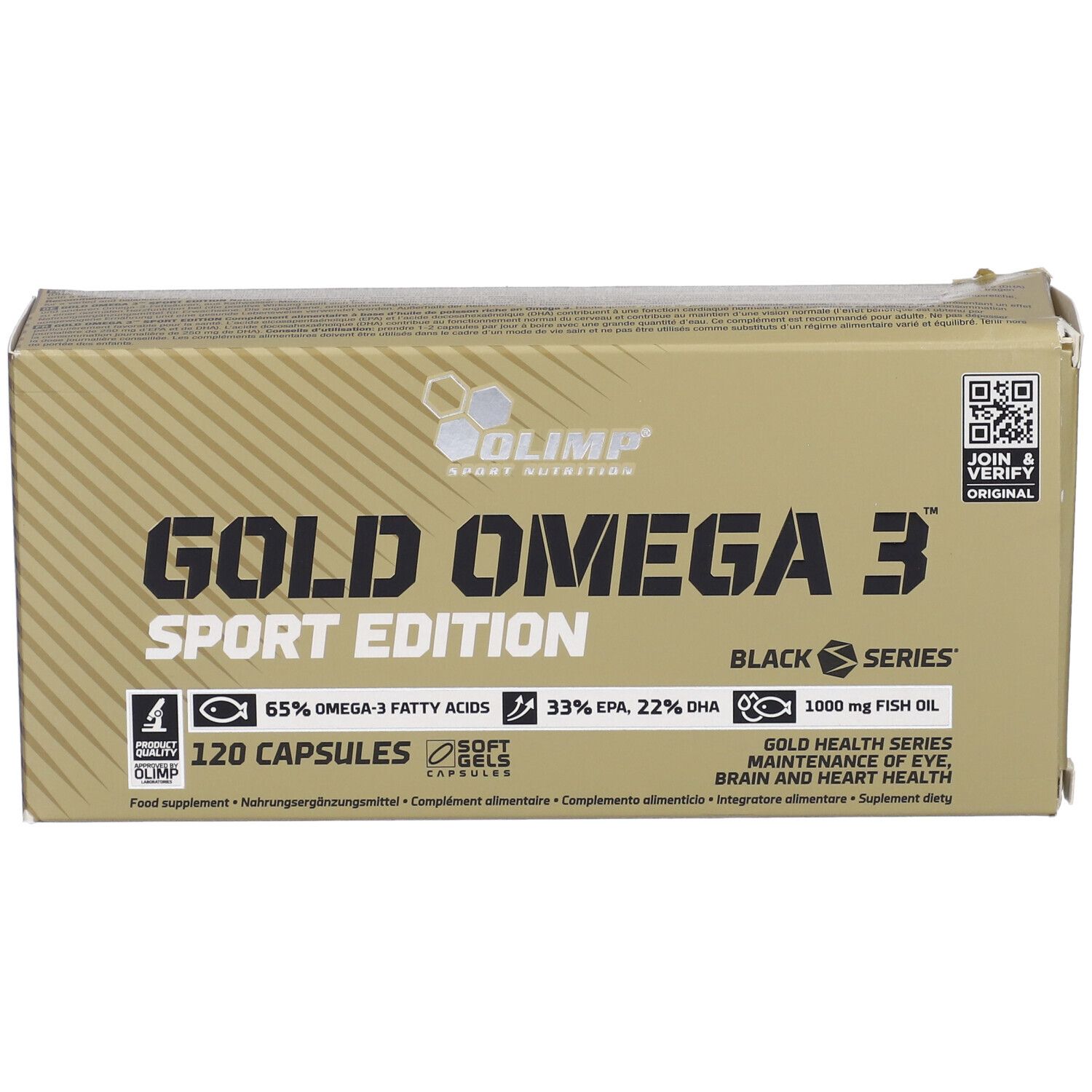 Gold Omega 3 Sport Edition-Verpackung. Enthält 120 Kapseln. Aufschrift: 65% Omega-3-Fettsäuren, 33% EPA, 22% DHA.