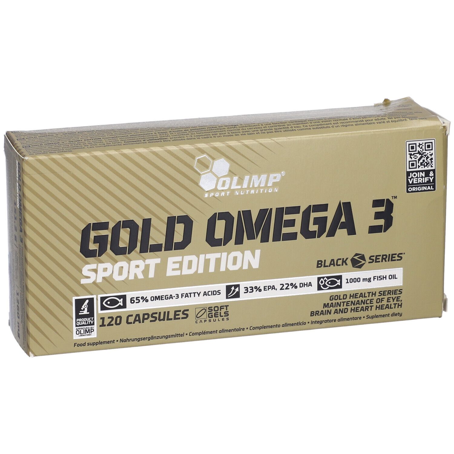 Gold Omega 3 Sport Edition-Verpackung. Enthält 120 Kapseln. Aufschrift: 65% Omega-3-Fettsäuren, 33% EPA, 22% DHA.