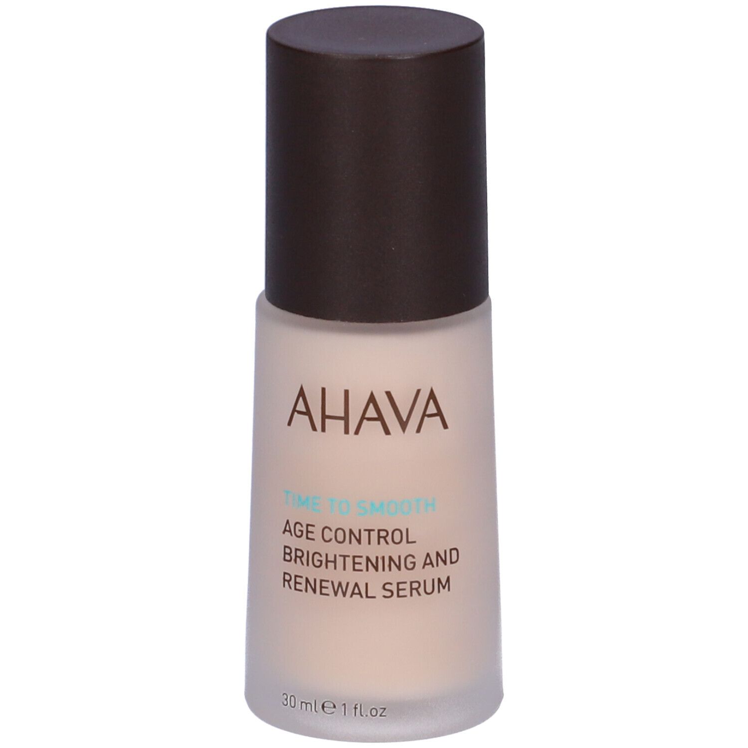 Serumflasche mit braunem Deckel. Aufschrift: AHAVA, Time to Smooth, Age Control, Brightening and Renewal Serum.