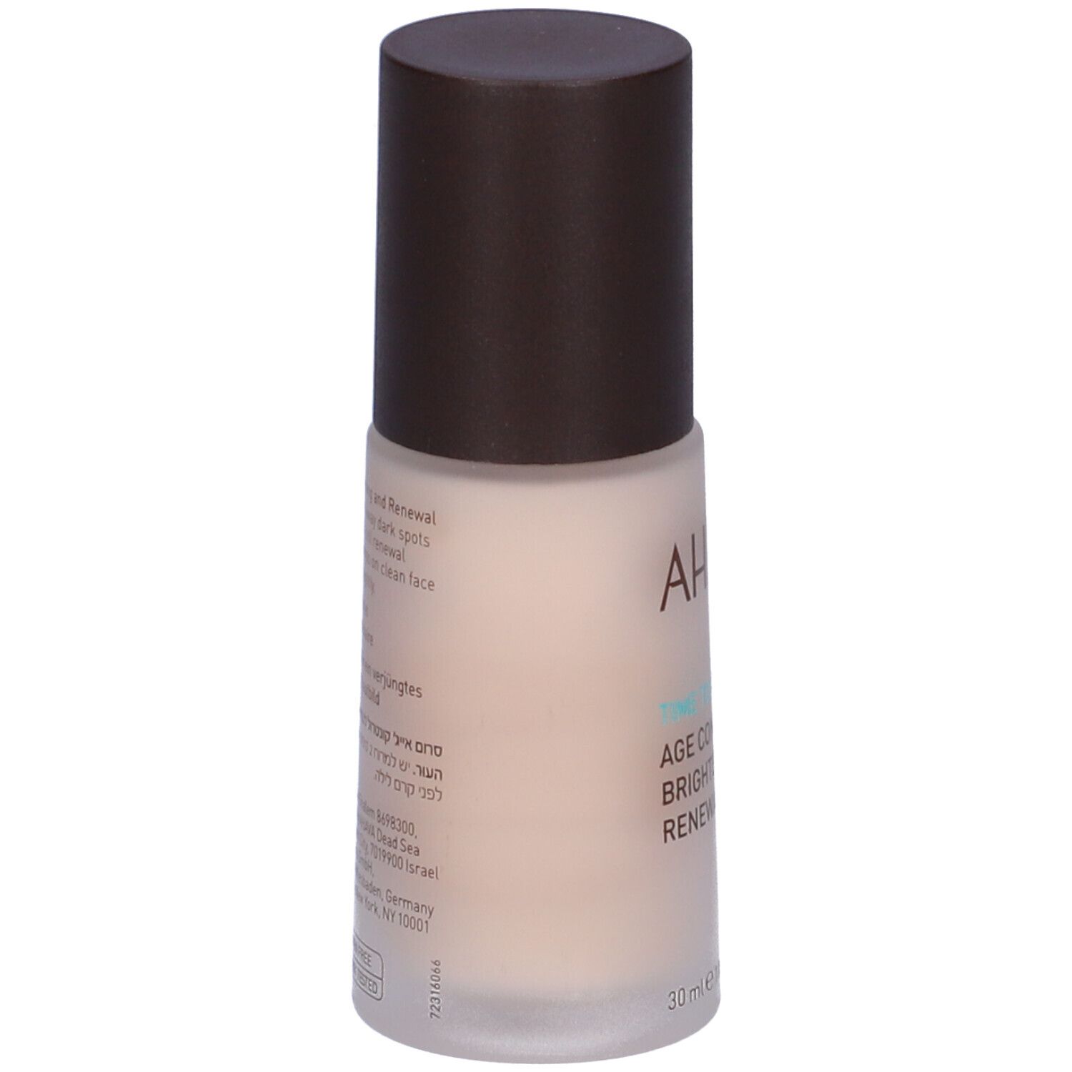 Rückseite einer Serumflasche. Text: Age Control Brightening and Renewal Serum. Enthält Informationen und Inhaltsstoffe.