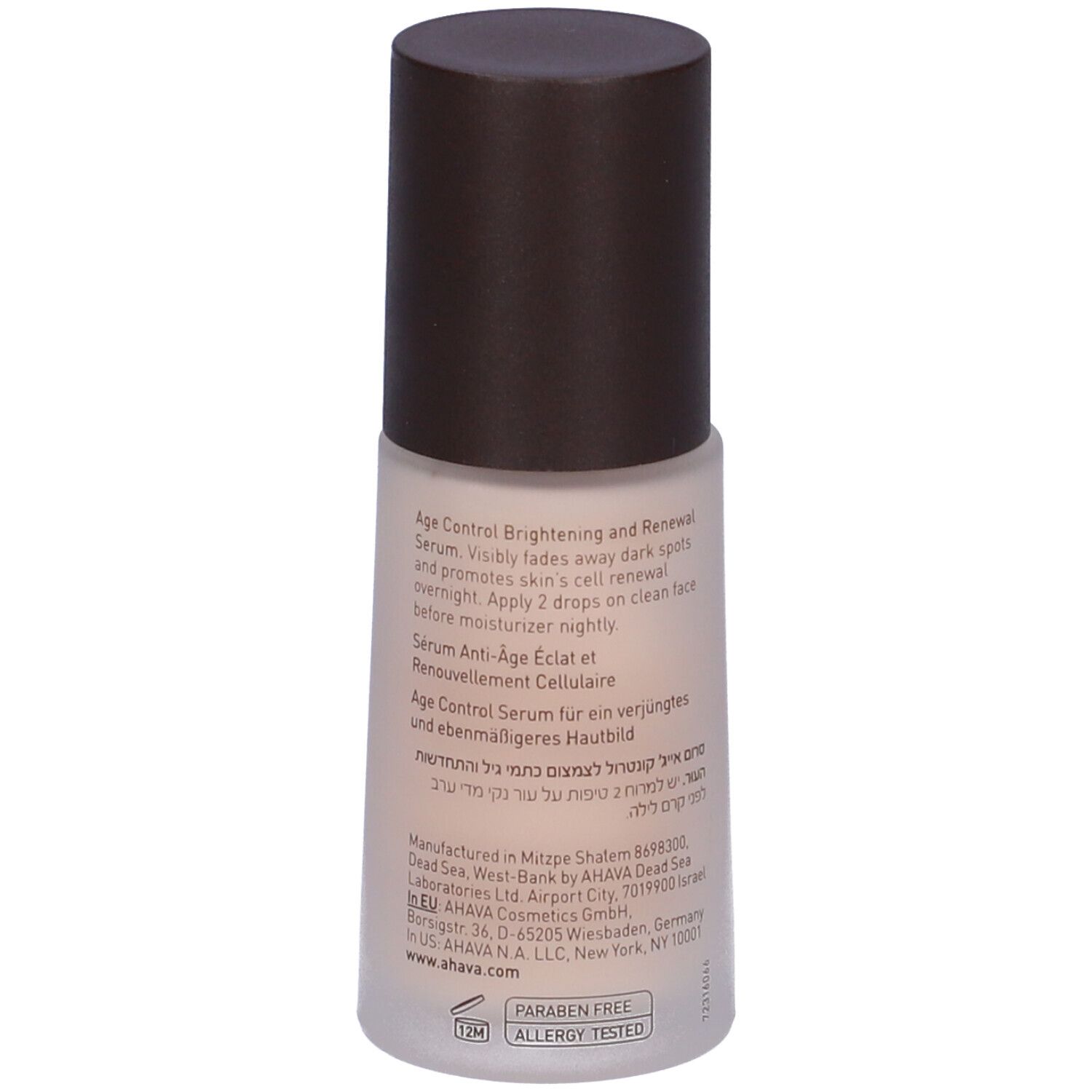 Rückseite einer Serumflasche. Text: Age Control Brightening and Renewal Serum. Enthält Informationen und Inhaltsstoffe.