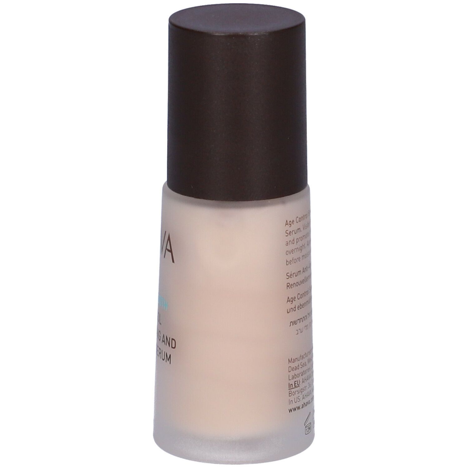 Serumflasche mit braunem Deckel. Aufschrift: AHAVA, Time to Smooth, Age Control, Brightening and Renewal Serum.