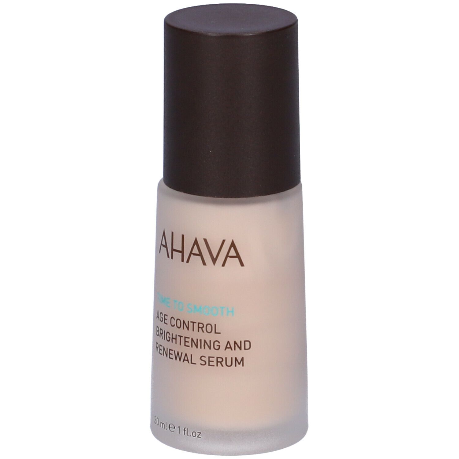 Serumflasche mit braunem Deckel. Aufschrift: AHAVA, Time to Smooth, Age Control, Brightening and Renewal Serum.