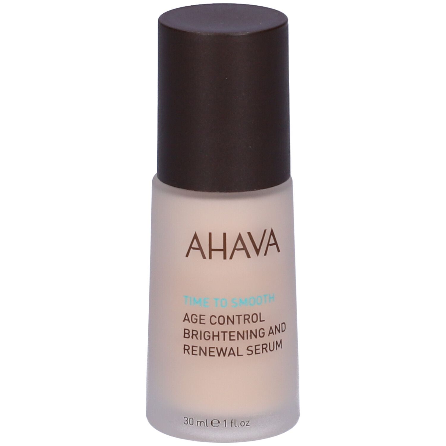 Serumflasche mit braunem Deckel. Aufschrift: AHAVA, Time to Smooth, Age Control, Brightening and Renewal Serum.