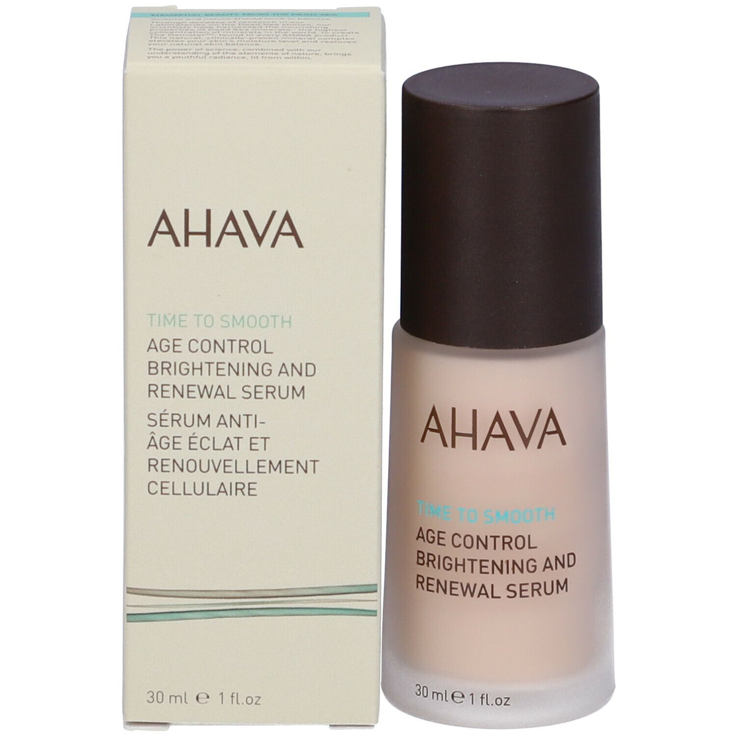 Serumflasche und Verpackung. Aufschrift: AHAVA, Time to Smooth, Age Control, Brightening and Renewal Serum.
