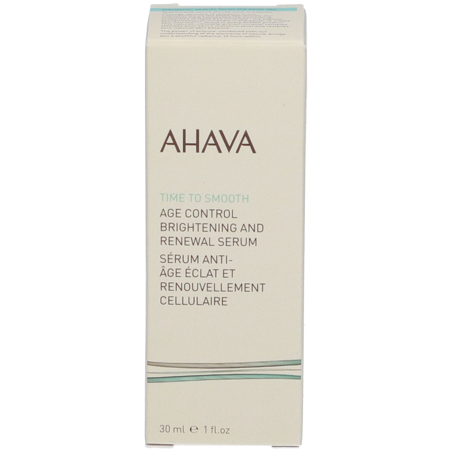 Verpackung mit Aufschrift: AHAVA, Time to Smooth, Age Control, Brightening and Renewal Serum.