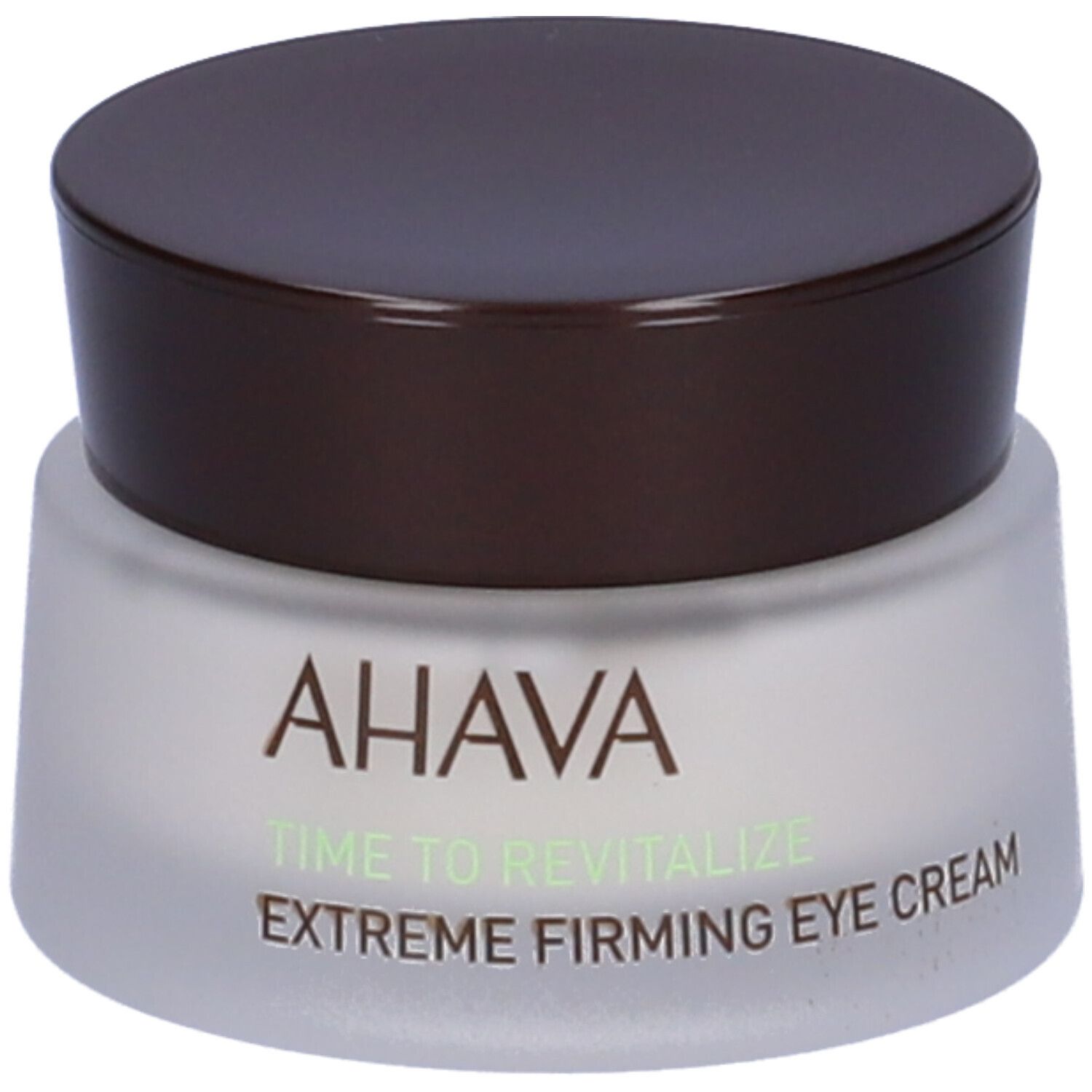 Cremebehälter mit braunem Deckel. AHAVA-Logo und Produktbezeichnung 'Extreme Firming Eye Cream' auf dem Glas.