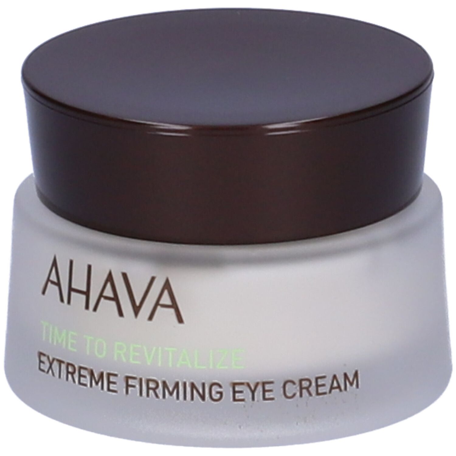 Cremebehälter mit braunem Deckel. AHAVA-Logo und Produktbezeichnung 'Extreme Firming Eye Cream' auf dem Glas.