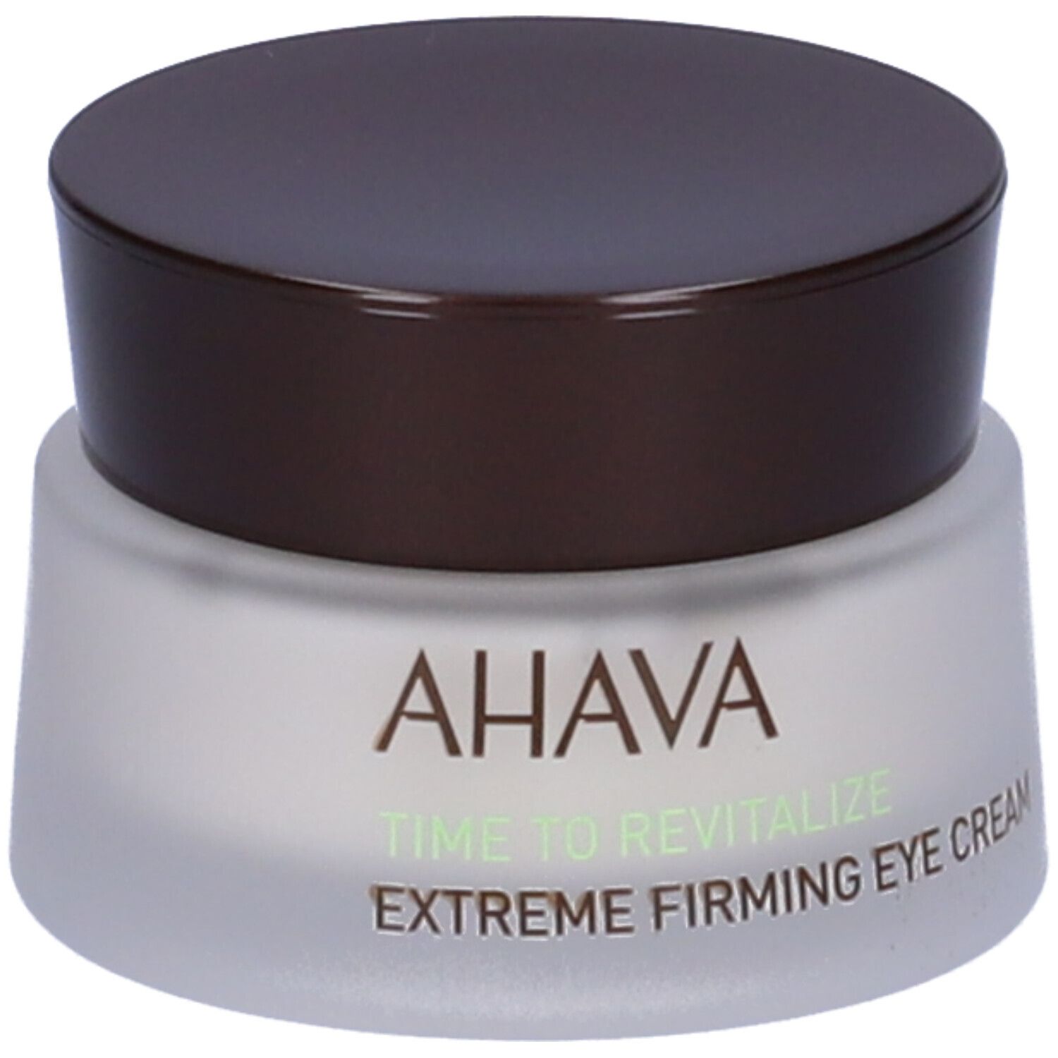 Cremebehälter mit braunem Deckel. AHAVA-Logo und Produktbezeichnung 'Extreme Firming Eye Cream' auf dem Glas.