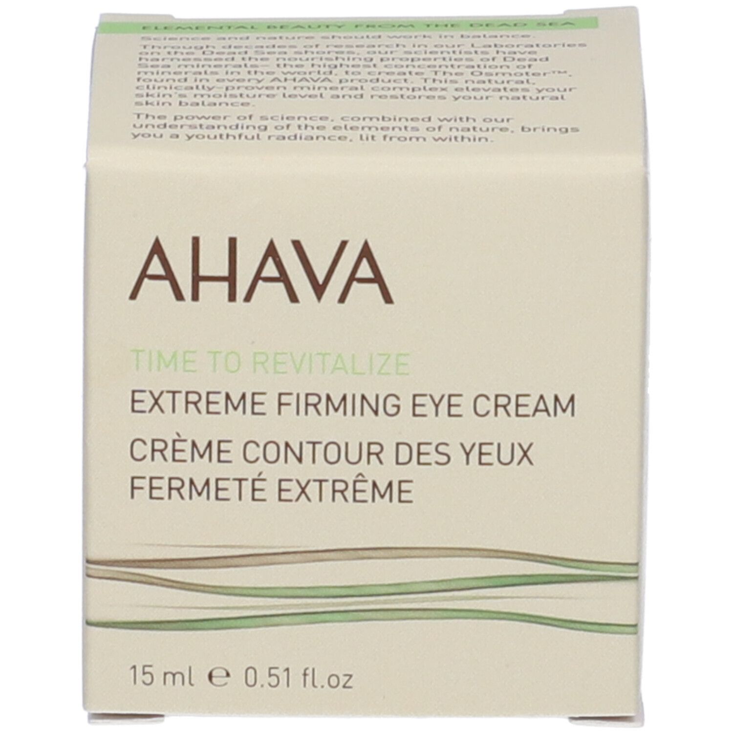 Verpackung mit AHAVA-Logo und Produktbezeichnung 'Extreme Firming Eye Cream'. Text und Logo auf cremefarbenem Hintergrund.