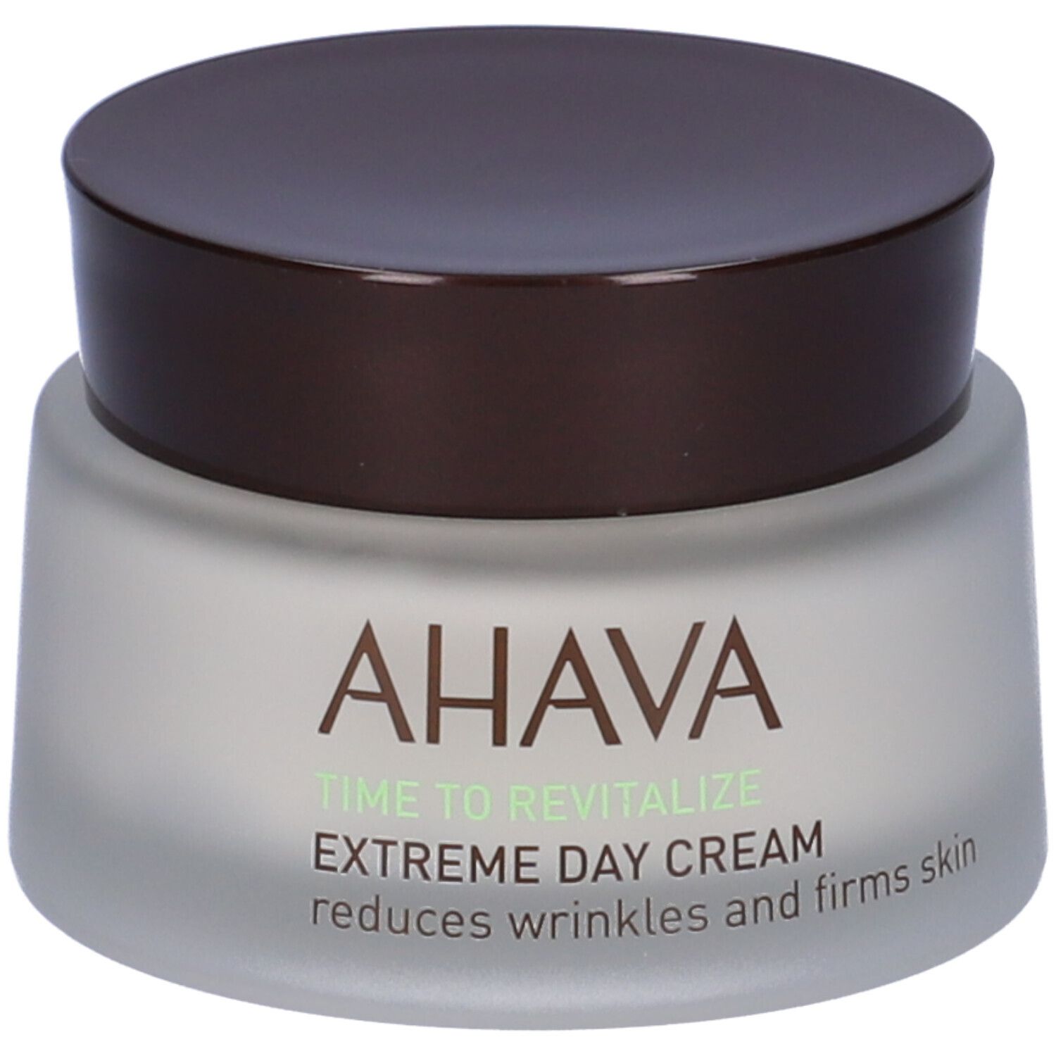 Creme-Glas mit braunem Deckel. AHAVA-Logo und Produktbezeichnung. Text: Extreme Tagespflege, reduziert Falten.
