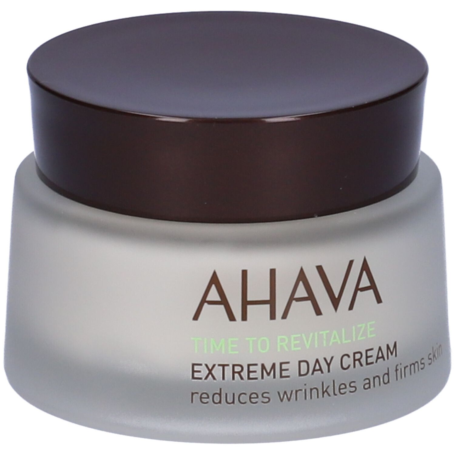 Creme-Glas mit braunem Deckel. AHAVA-Logo und Produktbezeichnung. Text: Extreme Tagespflege, reduziert Falten.