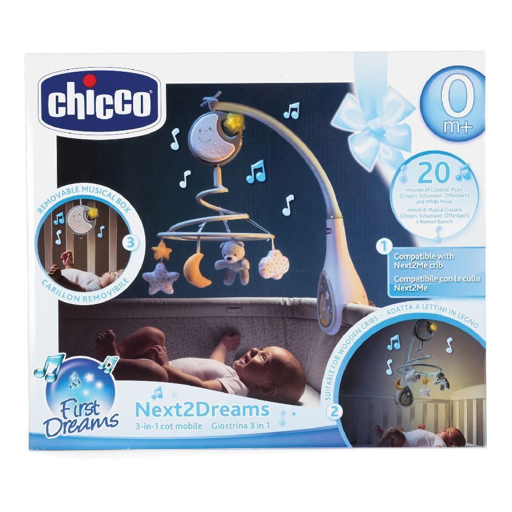 Chicco Next2Dreams Baby-Mobile in Blau mit Teddybär, Mond und Sternen. Abnehmbare Spieluhr.