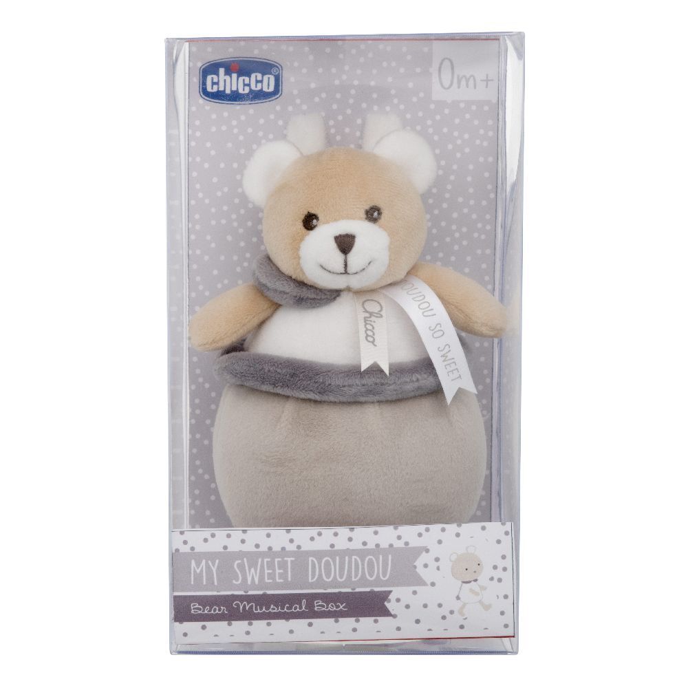 Ein Teddybär-Spielzeug in einer Geschenkbox mit der Aufschrift "MY SWEET DOUDOU Bear Musical Box".