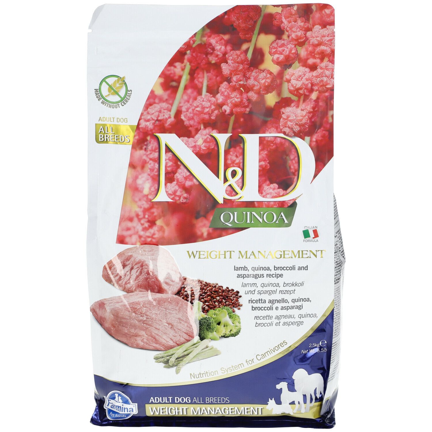 Beutel Trockenfutter. Aufdruck: N&D Quinoa, Weight Management. Abbildung von Fleisch, Quinoa, Brokkoli, Spargel. Text: Adult Dog All Breeds.