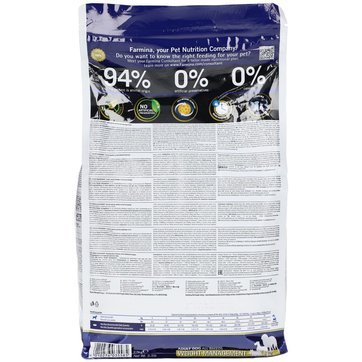 Rückseite der Trockenfutter-Verpackung. Text: 94% tierischen Ursprungs, 0% künstliche Konservierungsstoffe, 0% künstliche Aromen. Text und Logos.