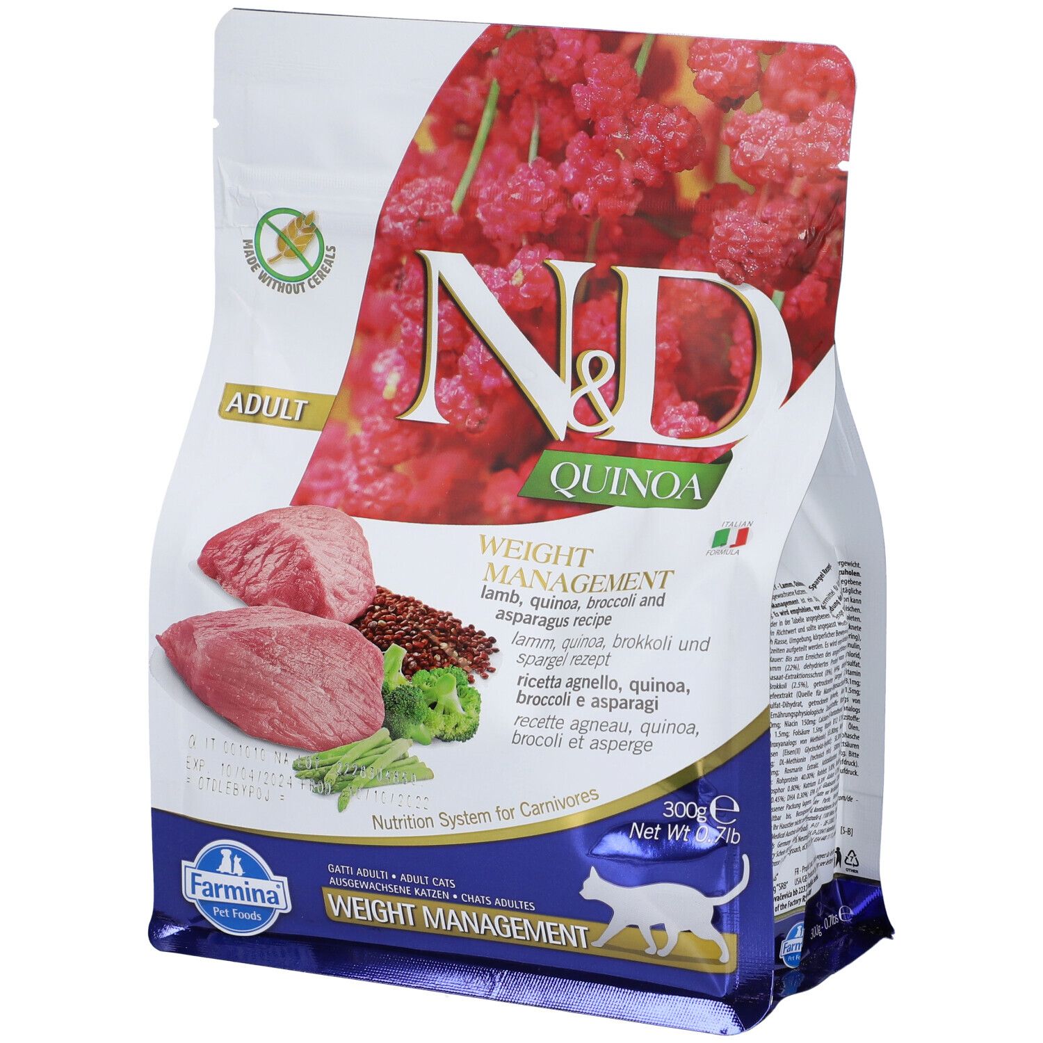 Beutel Trockenfutter. N&D Quinoa, Gewichtskontrolle. Zutaten: Lamm, Quinoa, Brokkoli, Spargel. Text: Adult, Farmina.