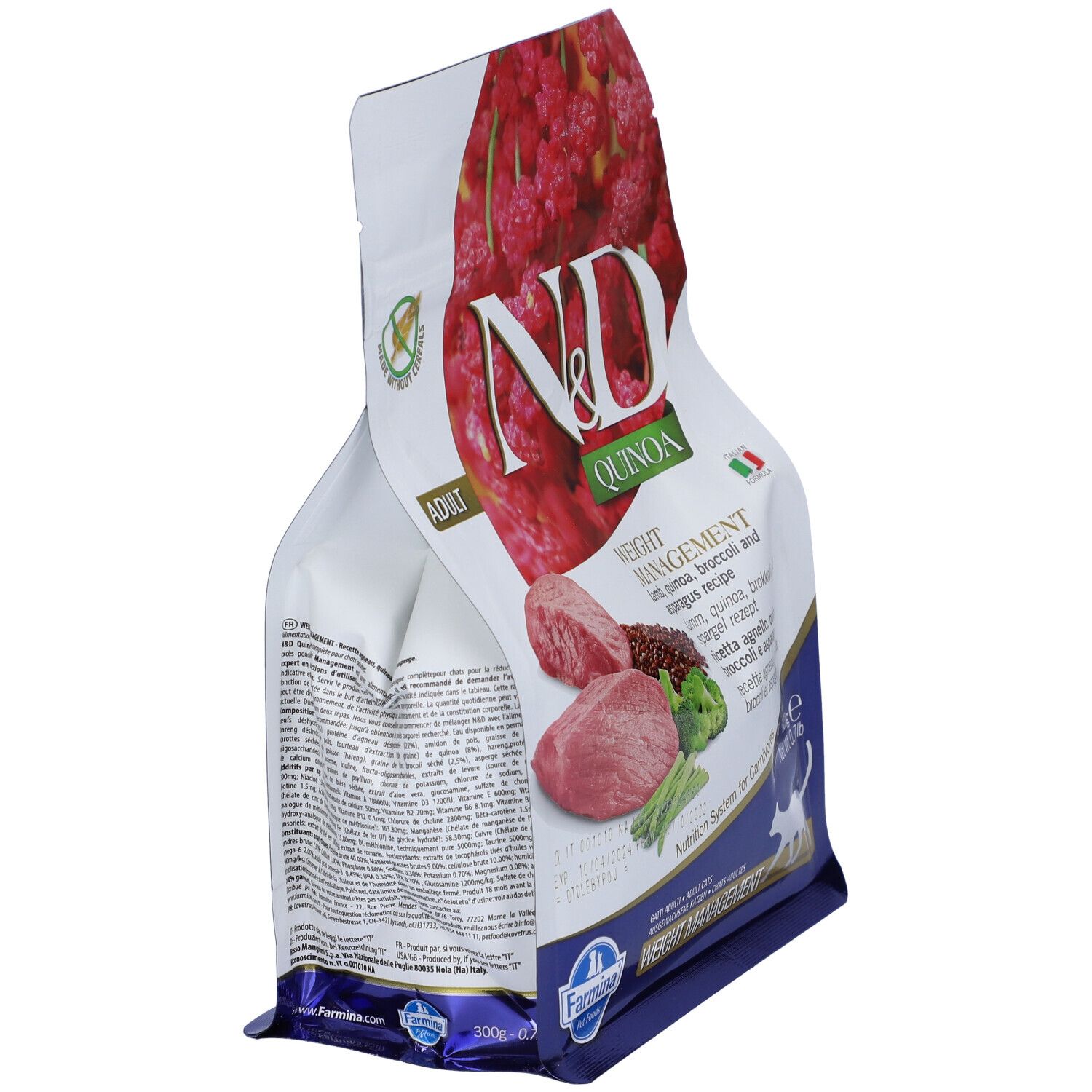 Trockenfutter-Beutel, N&D Quinoa. Seitenansicht. Zutaten: Lamm, Quinoa, Brokkoli, Spargel. Text: Adult, Gewichtskontrolle.