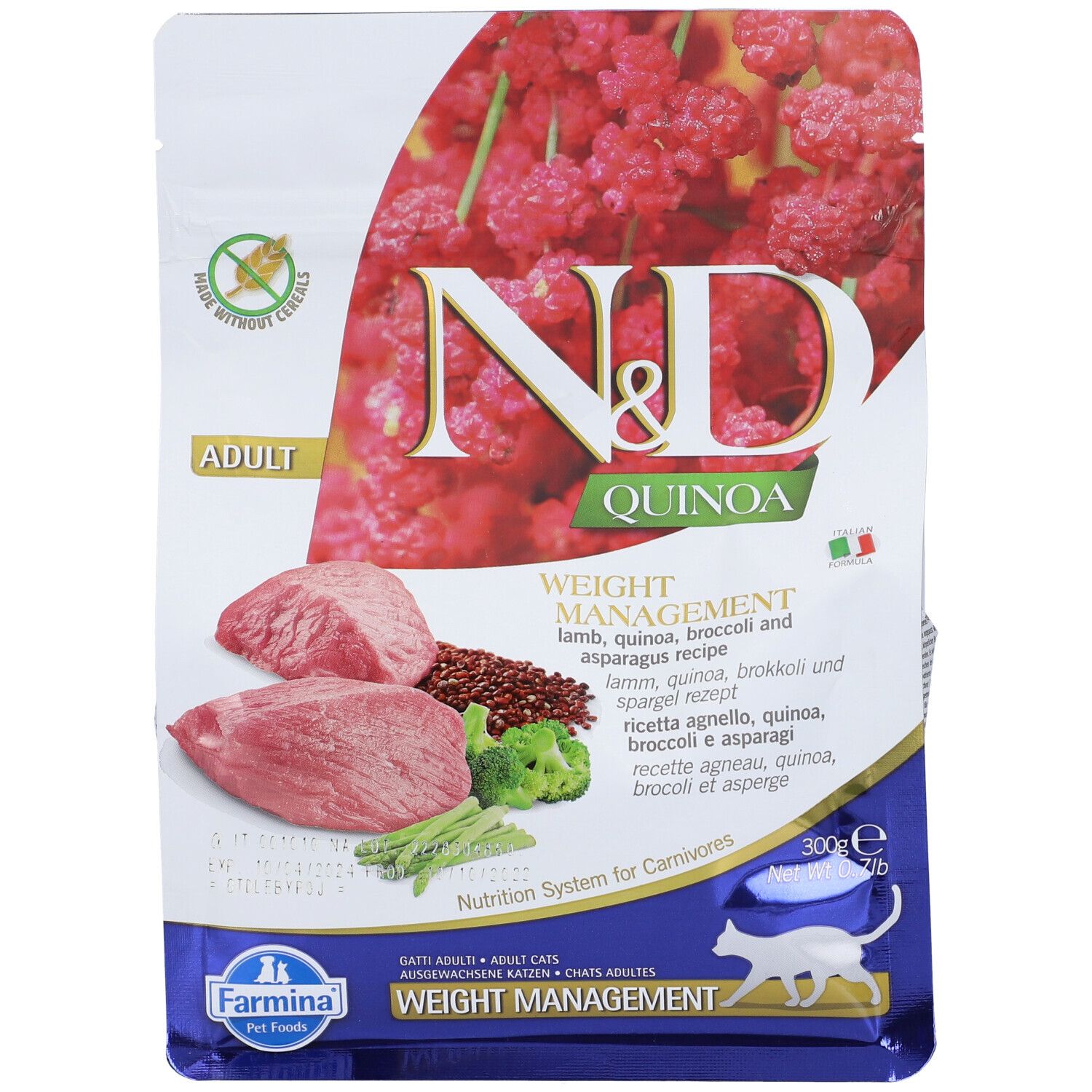 Trockenfutter-Beutel. N&D Quinoa, Gewichtskontrolle. Zutaten: Lamm, Quinoa, Brokkoli, Spargel. Text: Adult, Farmina.