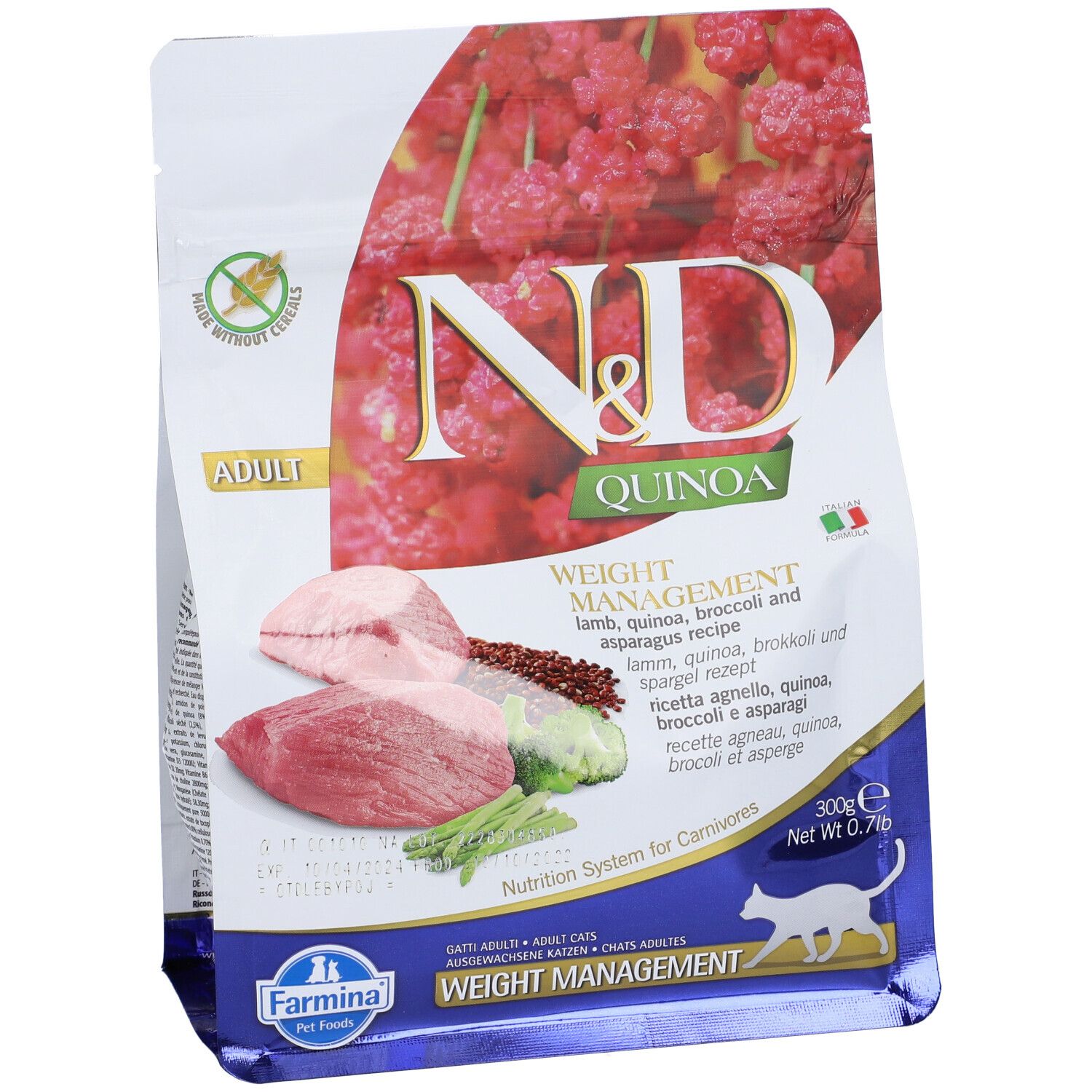 Trockenfutter-Beutel. N&D Quinoa, Gewichtskontrolle. Zutaten: Lamm, Quinoa, Brokkoli, Spargel. Text: Adult, Farmina.