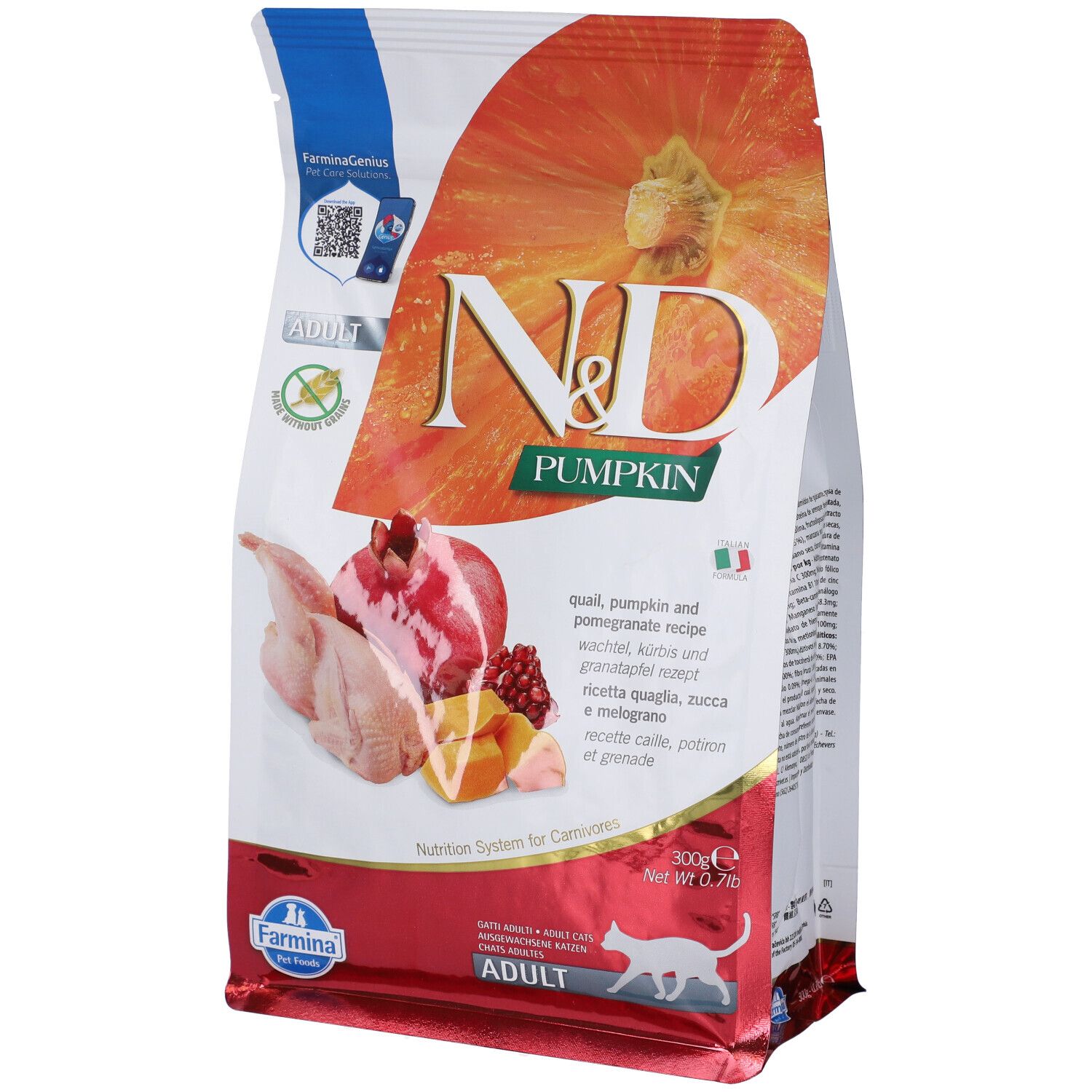 Beutel Trockenfutter mit Kürbis, Granatapfel, Wachtel. N&D Pumpkin, Adult. Farmina-Logo. 300g. Aufdrucke: Zutaten, Nährwerte.