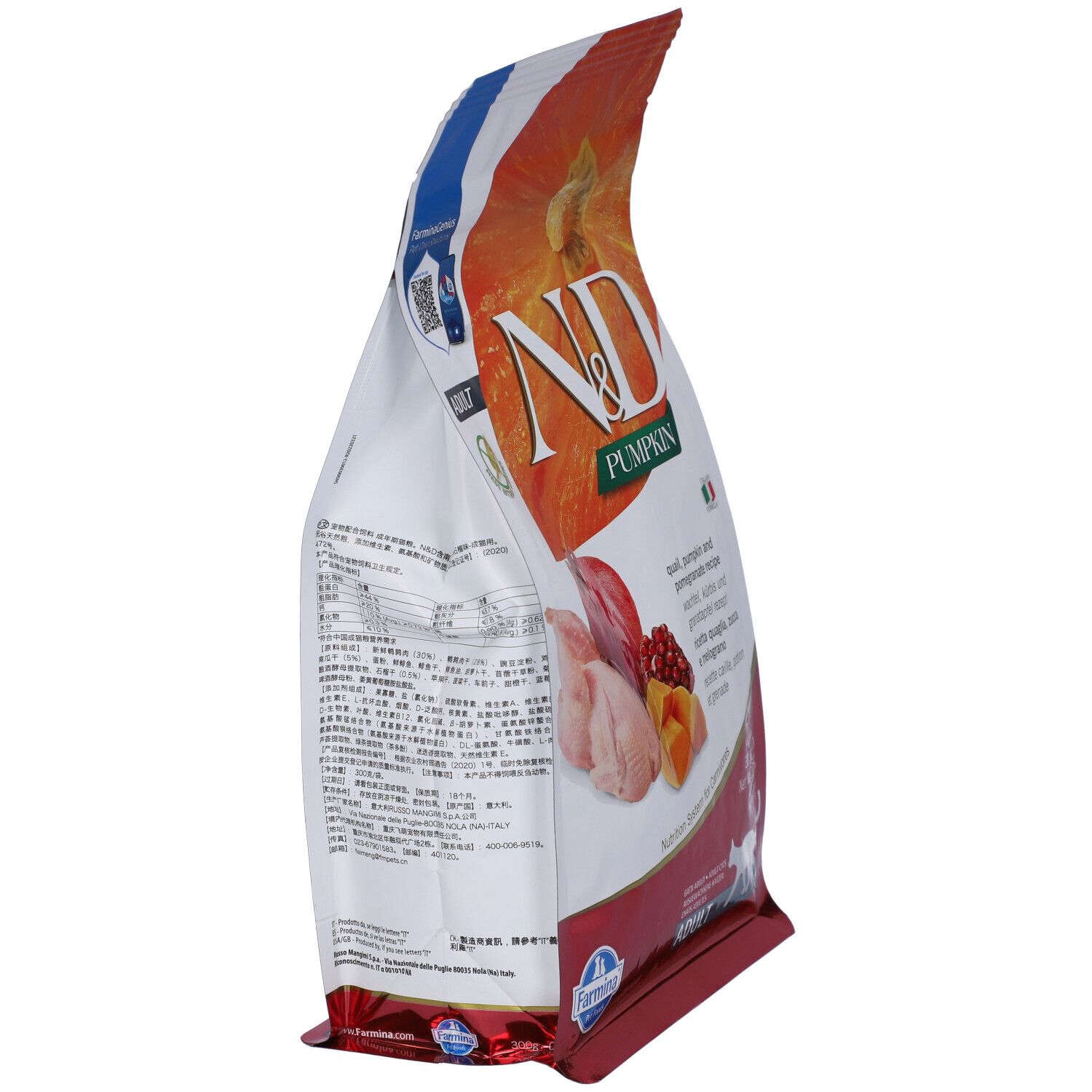 Seitenansicht des Trockenfutterbeutels. N&D Pumpkin, Kürbis, Granatapfel, Wachtel. Farmina-Logo. Text: Zutaten, Nährwerte.