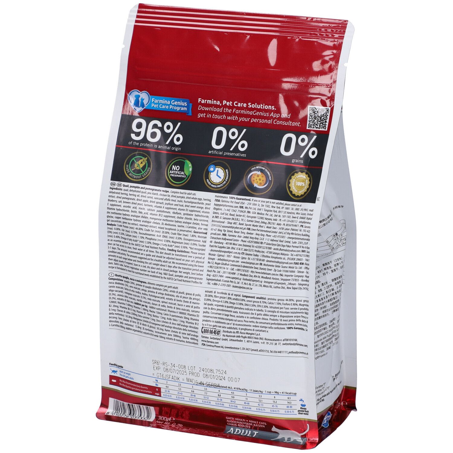 Rückseite des Trockenfutterbeutels. N&D Pumpkin. Text: 96% tierischen Ursprungs, keine künstlichen Konservierungsstoffe, 0% Getreide.