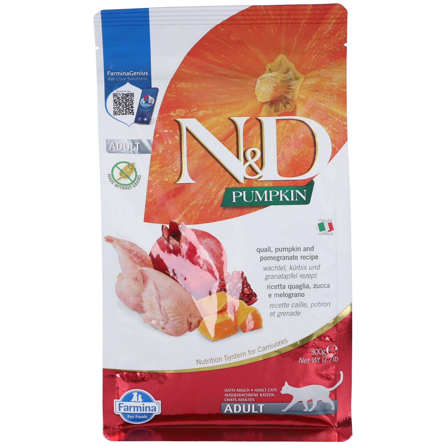 Trockenfutterbeutel N&D Pumpkin, Kürbis, Granatapfel, Wachtel. Farmina-Logo. Text: Adult, Zutaten, Nährwerte. 300g.