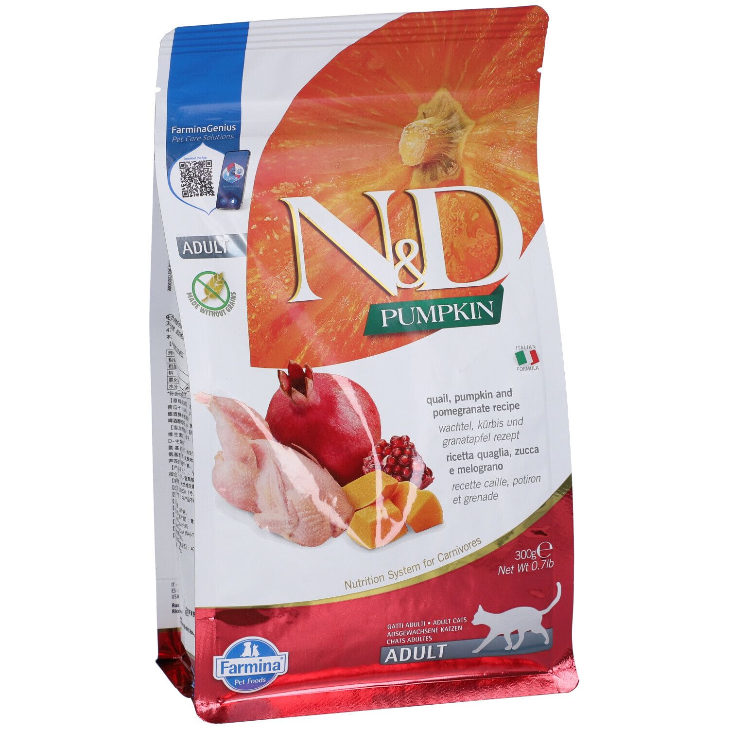 Trockenfutterbeutel N&D Pumpkin, Kürbis, Granatapfel, Wachtel. Farmina-Logo. Text: Adult, Zutaten, Nährwerte. 300g.