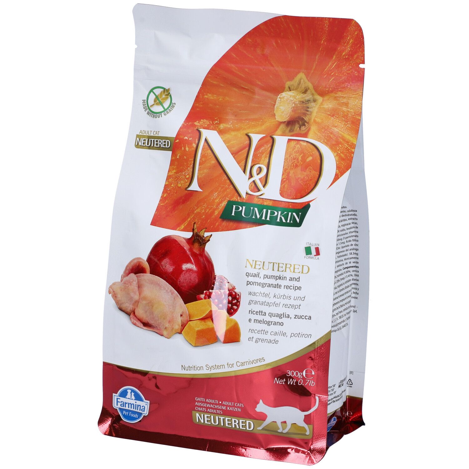 Beutel Trockenfutter. N&D Pumpkin, Neutered. Abbildung von Kürbis, Granatapfel und Fleisch. 300g.