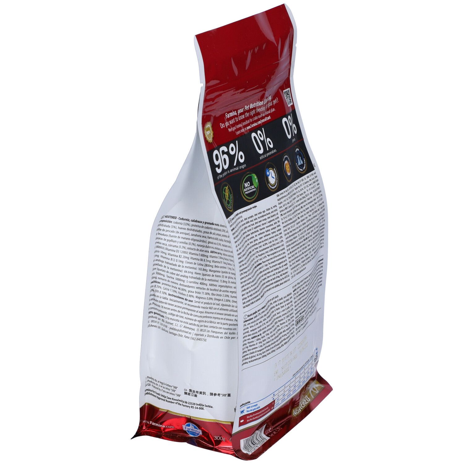 Rückseite des Trockenfutter-Beutels. Text mit Nährwertangaben und Inhaltsstoffen. 96% tierischen Ursprungs.