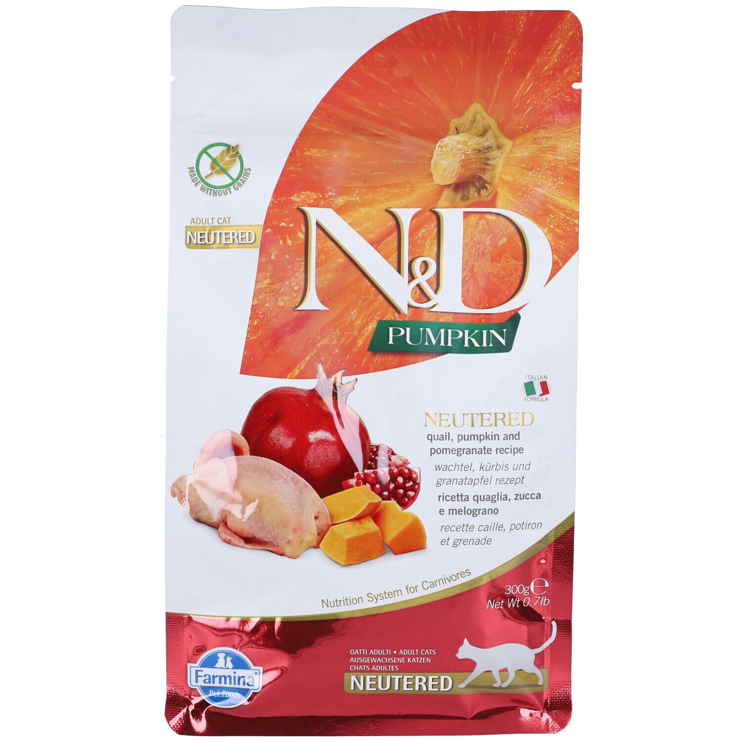 Trockenfutter-Beutel. N&D Pumpkin, Neutered. Abbildung von Kürbis, Granatapfel und Fleisch. 300g.