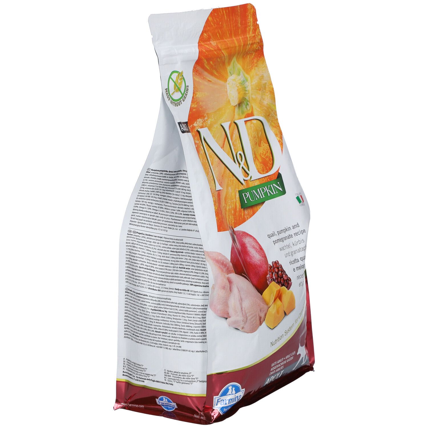 Seitenansicht des Trockenfutterbeutels N&D Pumpkin. Abbildung von Wachtel, Kürbis und Granatapfel. Text: Adult, Nutrition System for Carnivores.