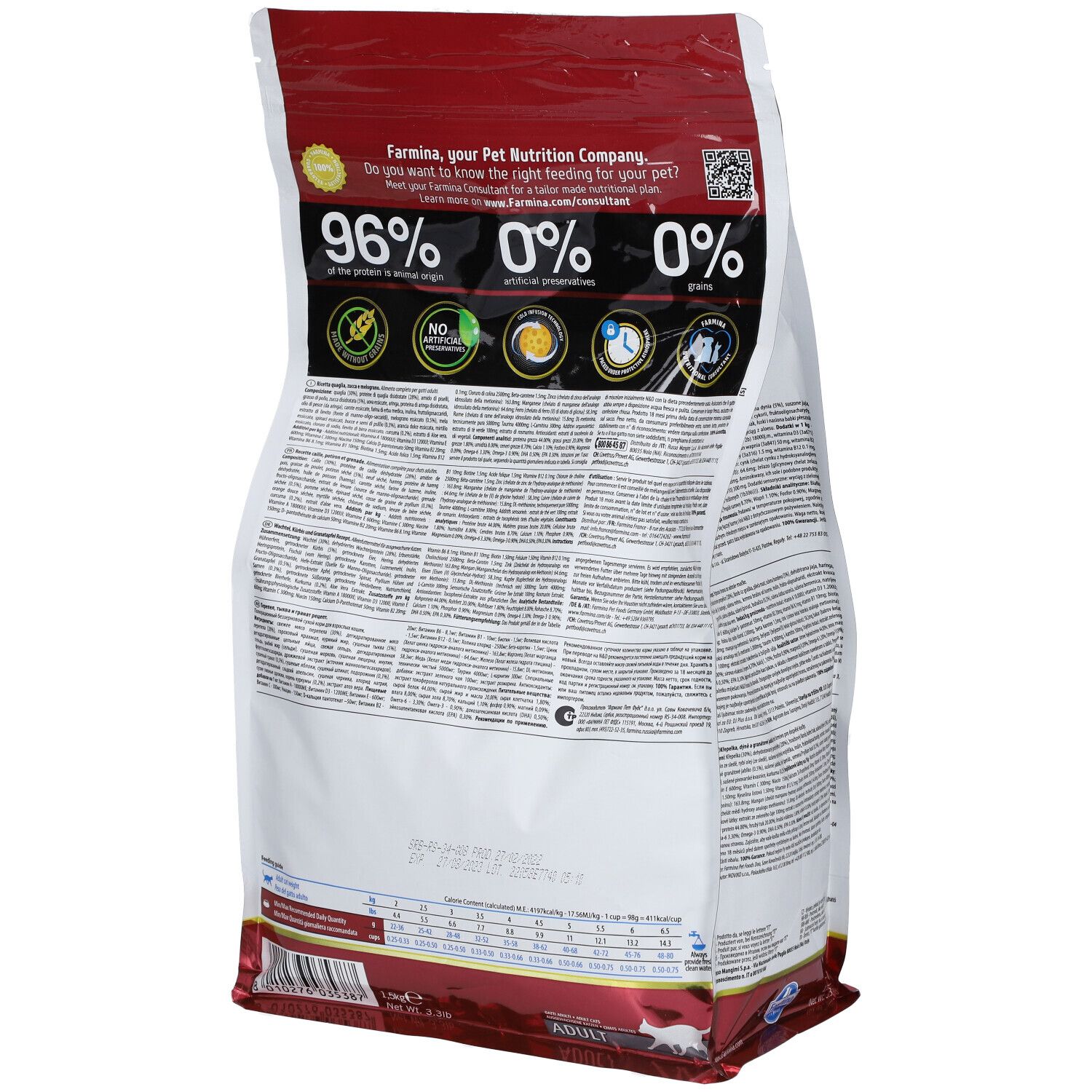 Rückseite des Trockenfutterbeutels. Text: 96% tierischen Ursprungs, 0% künstliche Konservierungsstoffe, 0% Getreide. Farmina Logo.