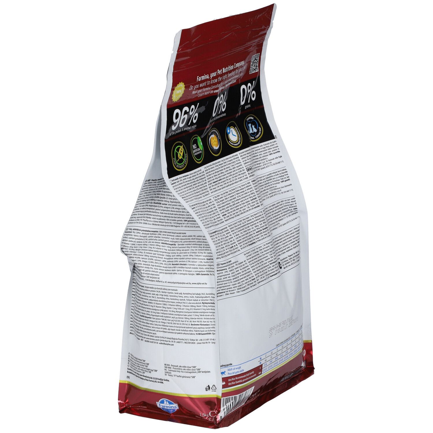 Seitenansicht der Rückseite des Trockenfutterbeutels. Text: 96% tierischen Ursprungs, 0% künstliche Konservierungsstoffe, 0% Getreide. Farmina Logo.