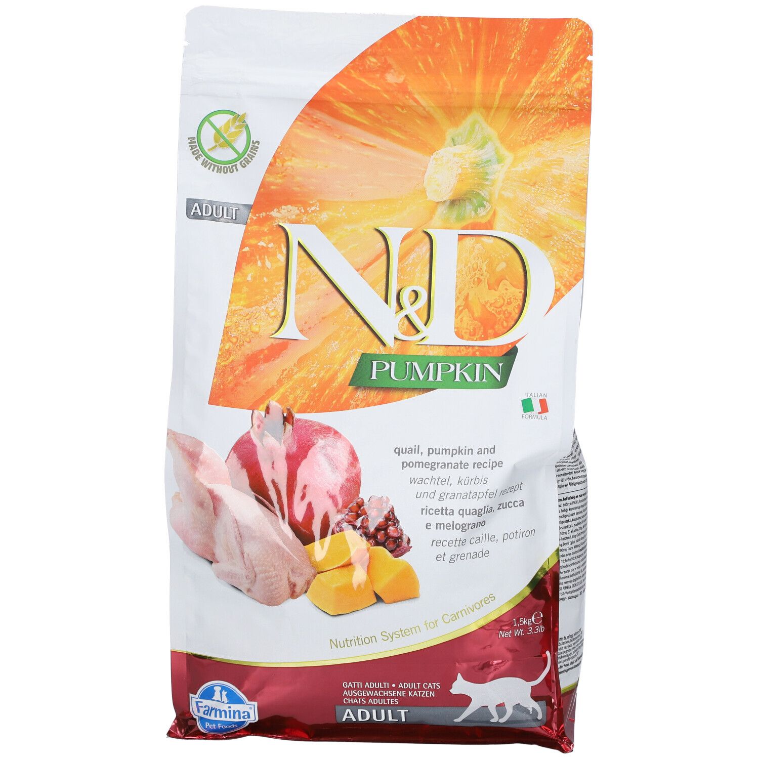Trockenfutterbeutel N&D Pumpkin. Abbildung von Wachtel, Kürbis und Granatapfel. Text: Adult, Nutrition System for Carnivores. Farmina Logo.