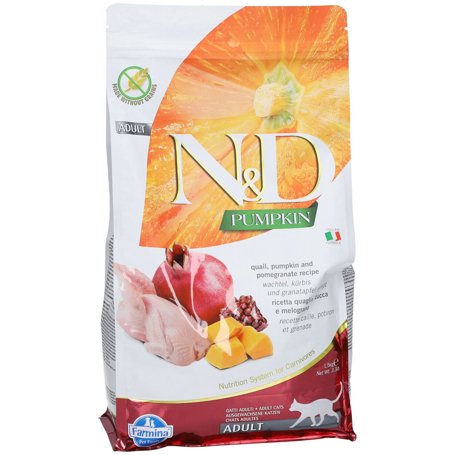 Trockenfutterbeutel N&D Pumpkin. Abbildung von Wachtel, Kürbis und Granatapfel. Text: Adult, Nutrition System for Carnivores. Farmina Logo.