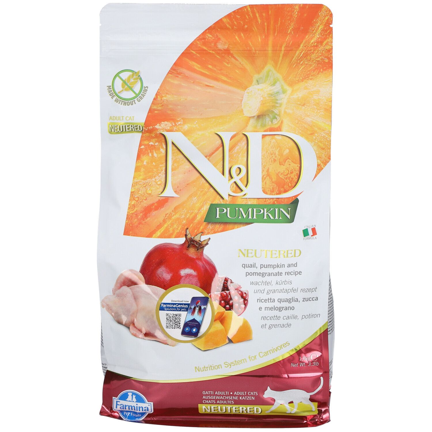 Trockenfutter-Beutel mit Kürbis-Abbildung. Aufschrift: N&D Pumpkin, Neutered. Abbildungen von Granatapfel, Wachtel und Kürbisstücken.