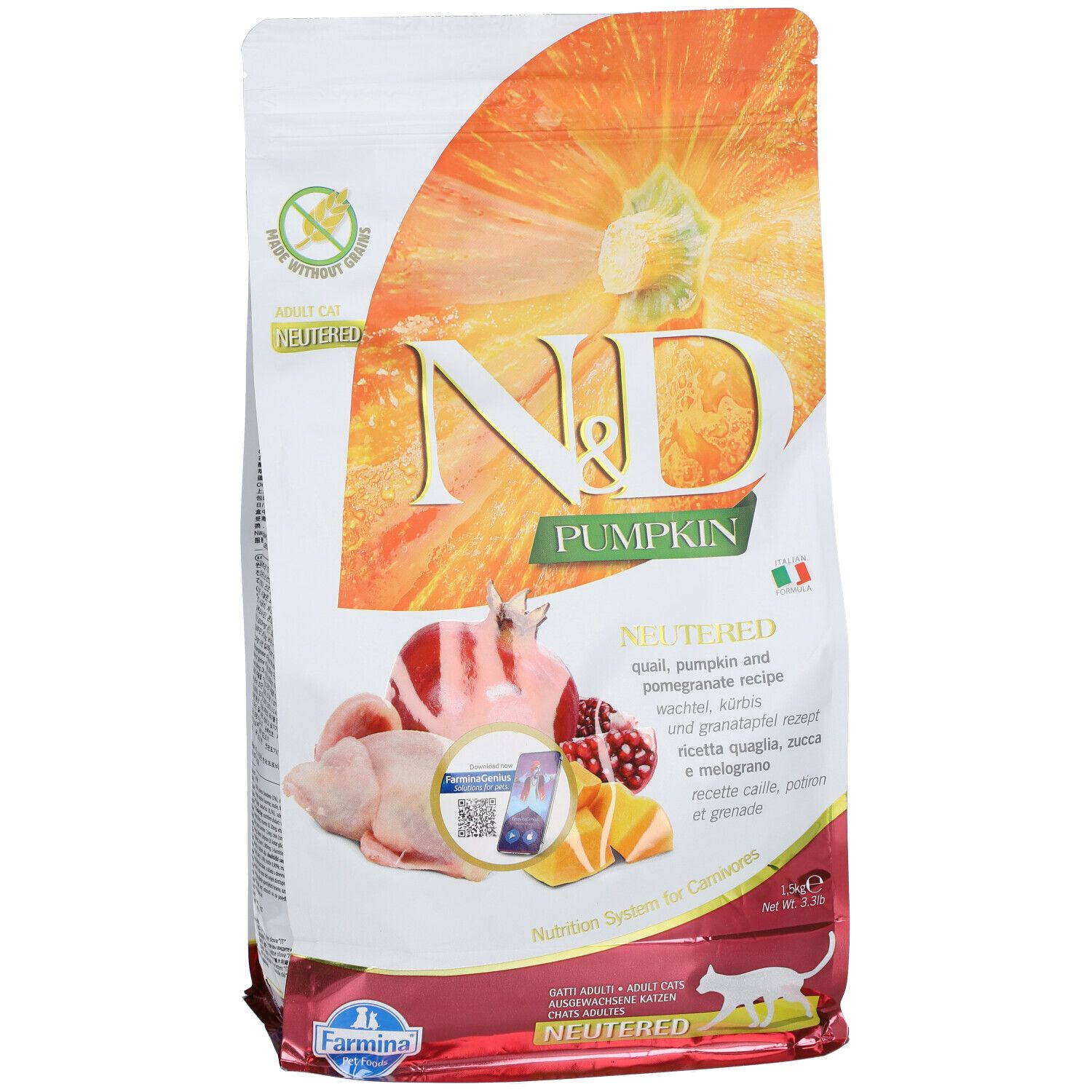 Trockenfutter-Beutel mit Kürbis-Abbildung. Aufschrift: N&D Pumpkin, Neutered. Abbildungen von Granatapfel, Wachtel und Kürbisstücken.