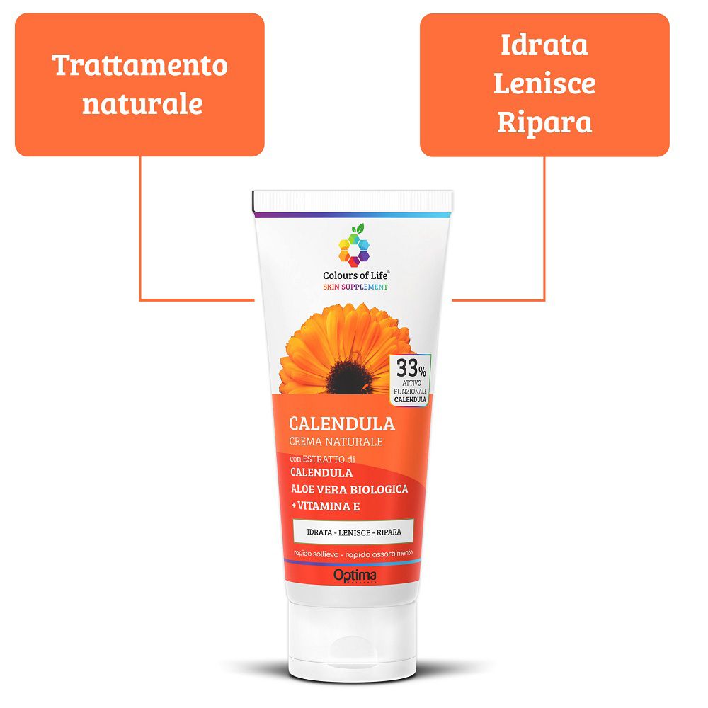 Optima Calendula Creme Tube mit Hinweisen zu Feuchtigkeit, Linderung und Reparatur.