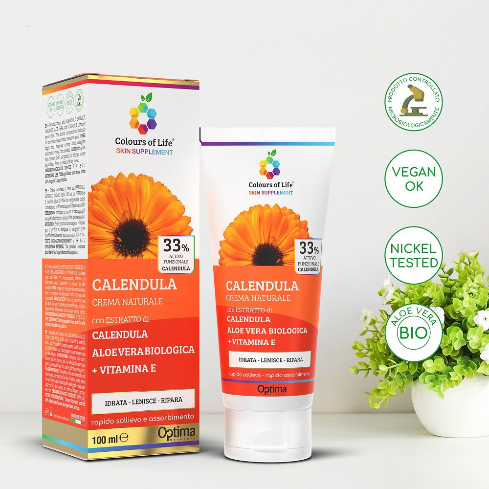 Optima Calendula Creme mit Siegeln: Vegan, Nickel Tested, Bio, dermatologisch getestet.