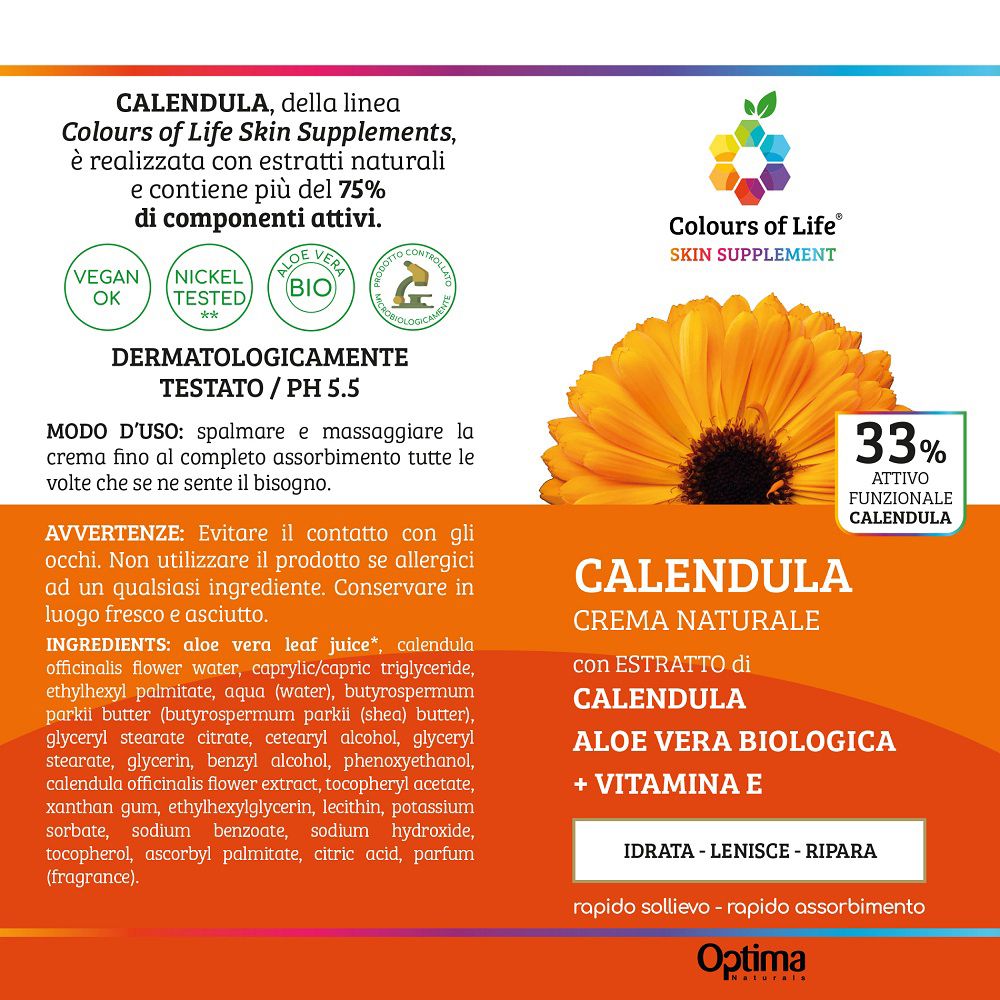 Rückseite der Optima Calendula Creme Verpackung mit Inhaltsstoffen und Anwendungshinweisen.