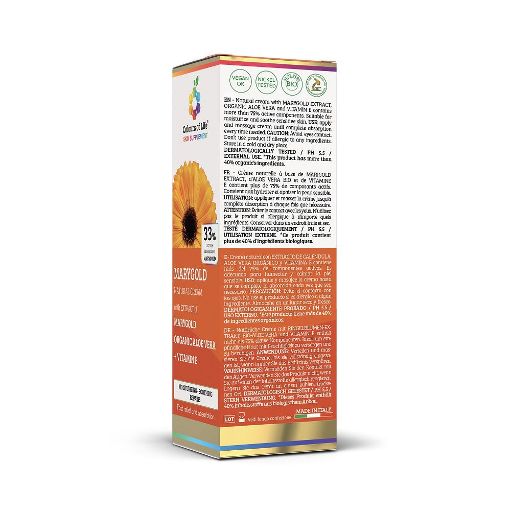 Seitenansicht der Optima Calendula Creme Faltschachtel mit detaillierten Informationen.