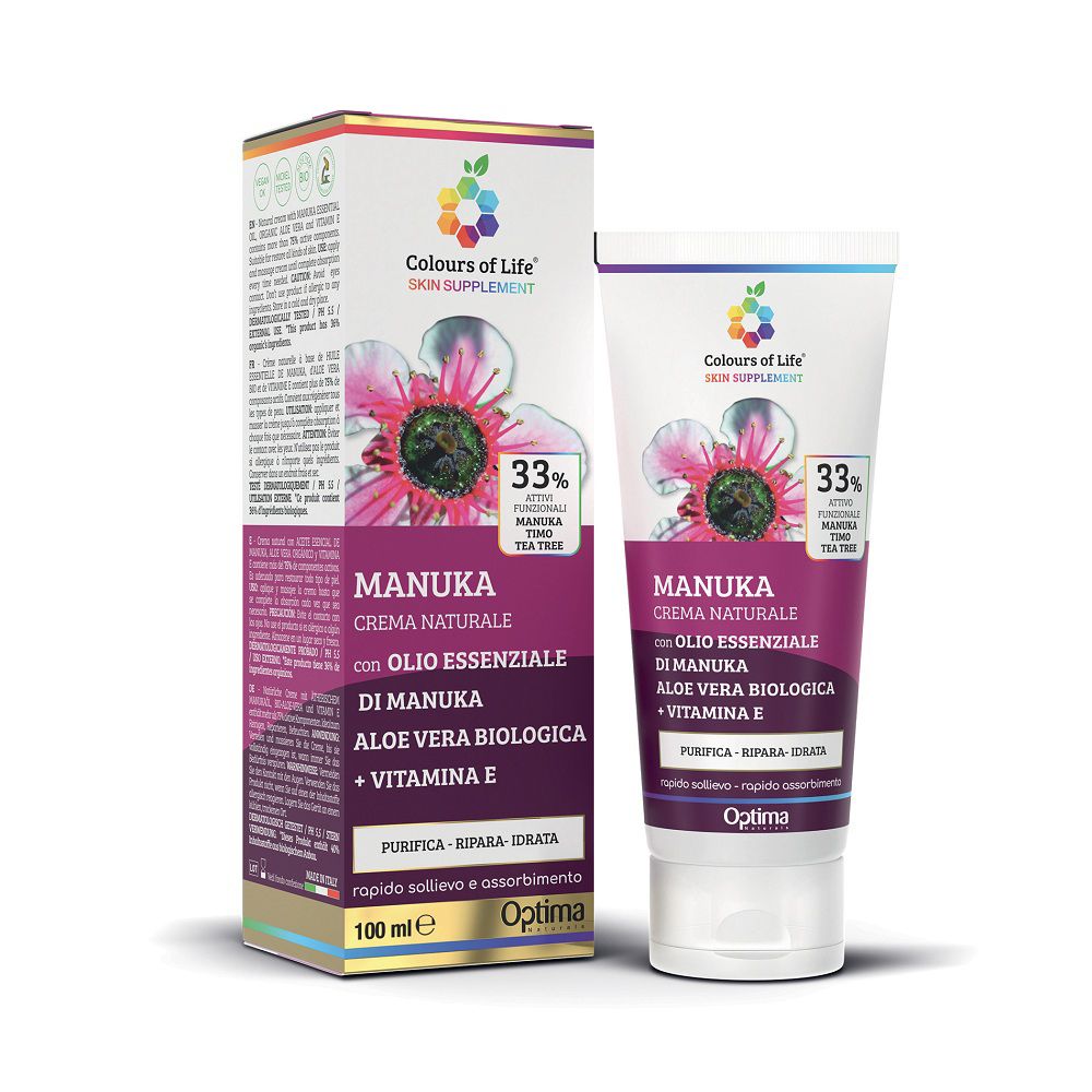 Optima Manuka Creme mit Manukaöl, Aloe Vera und Vitamin E. 100 ml Tube und Karton.