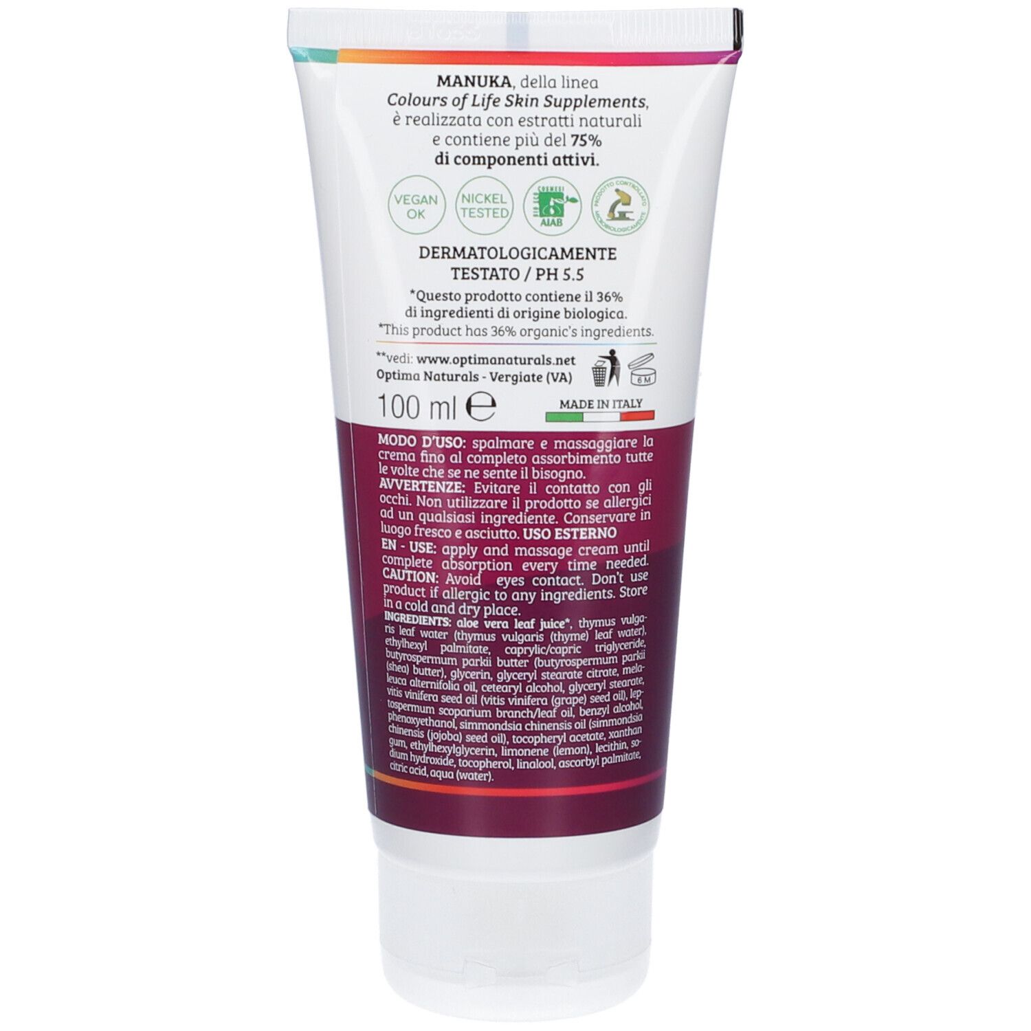 Rückseite der Optima Manuka Naturcreme Tube mit Inhaltsstoffen und Anwendungshinweisen. 100 ml.