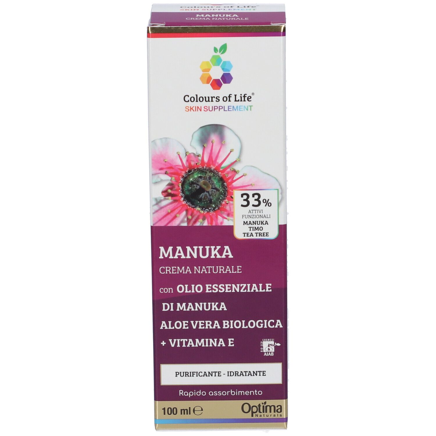 Faltschachtel der Optima Manuka Naturcreme. Mit Manukaöl, Aloe Vera und Vitamin E. 100 ml.