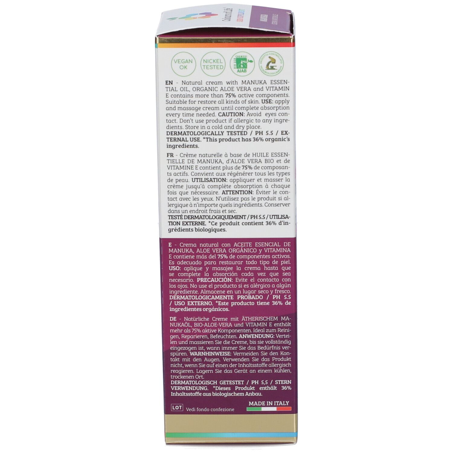 Seite der Faltschachtel Optima Manuka Naturcreme mit Zertifizierungen (Vegan, Nickel Tested) und Inhaltsstoffen.